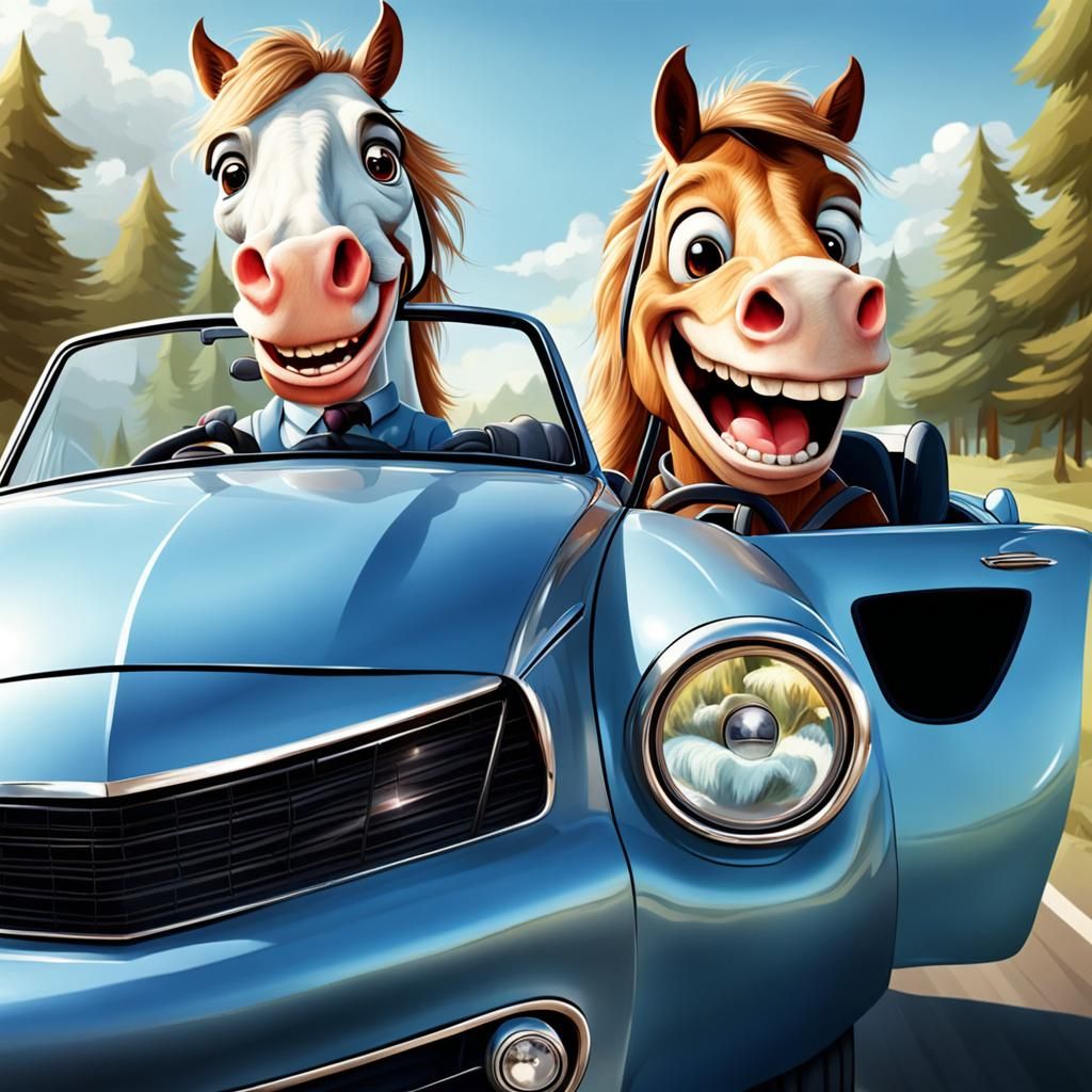 Anthropomorphic Horse Driving Car with Big Teeth