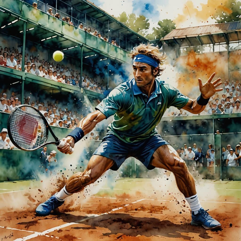 Tennis Player Diving: Double Exposure Watercolor Art
