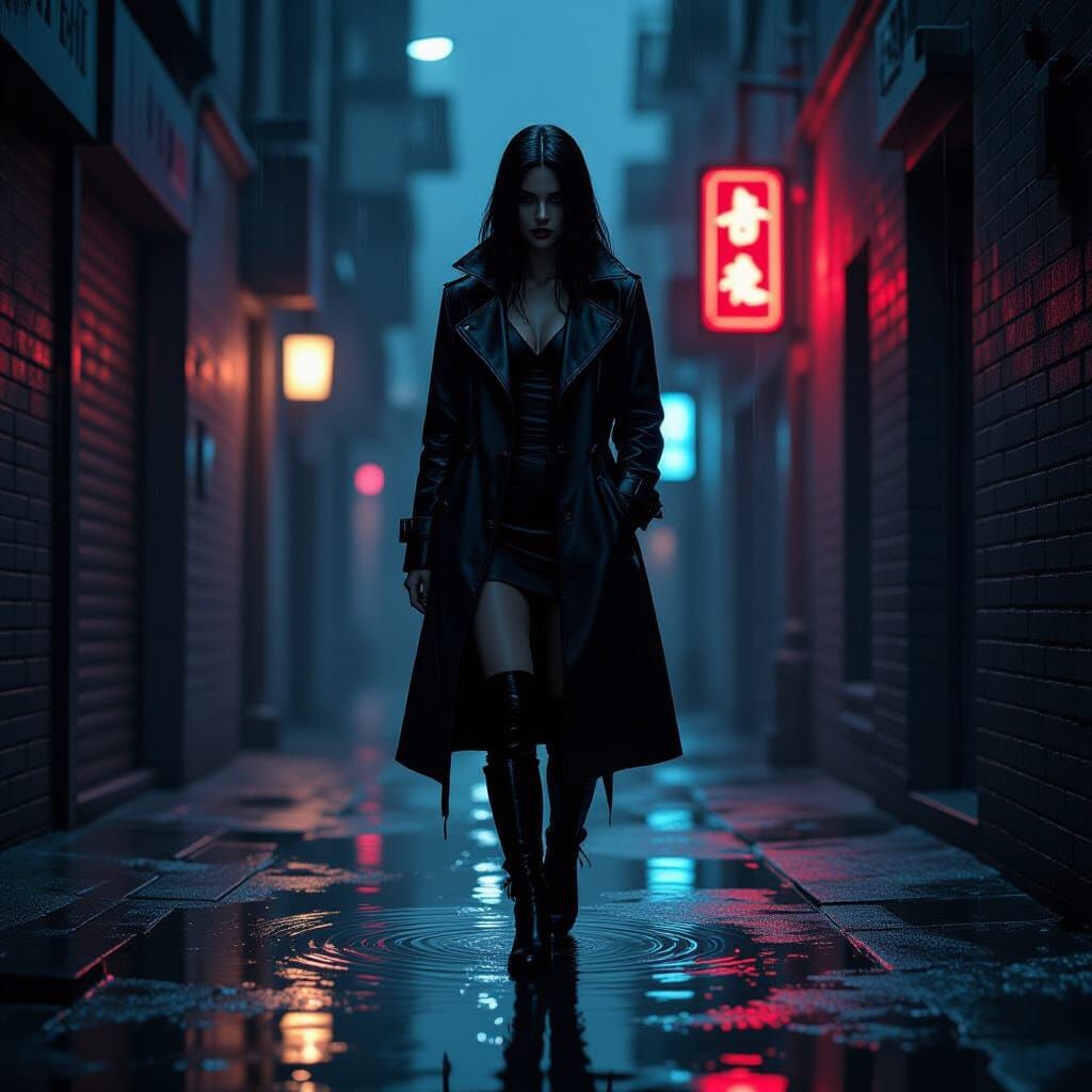 Cyberpunk Noir Woman in Rainy Alleyway