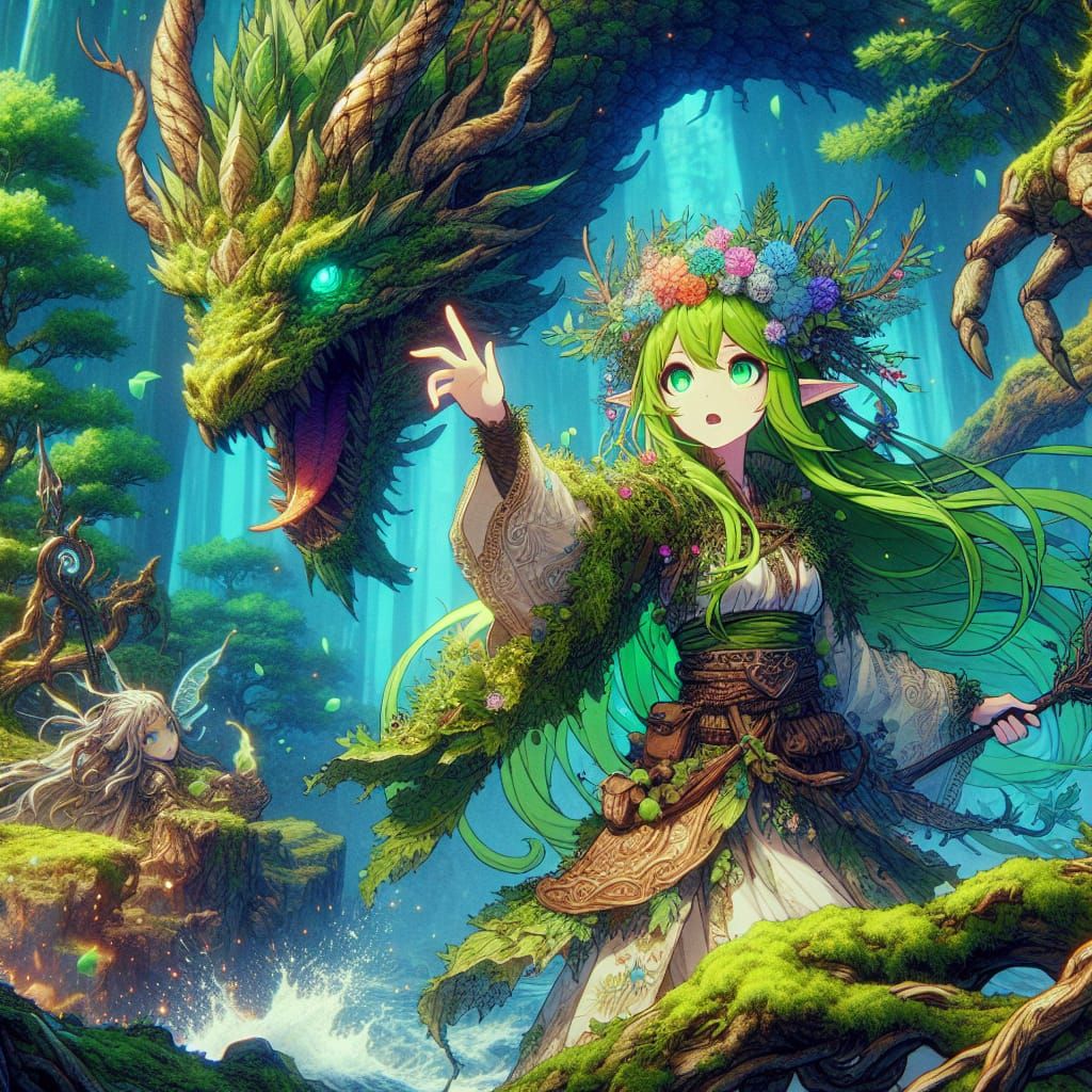 Manga Dryad Summons Dragon in Forest Scene