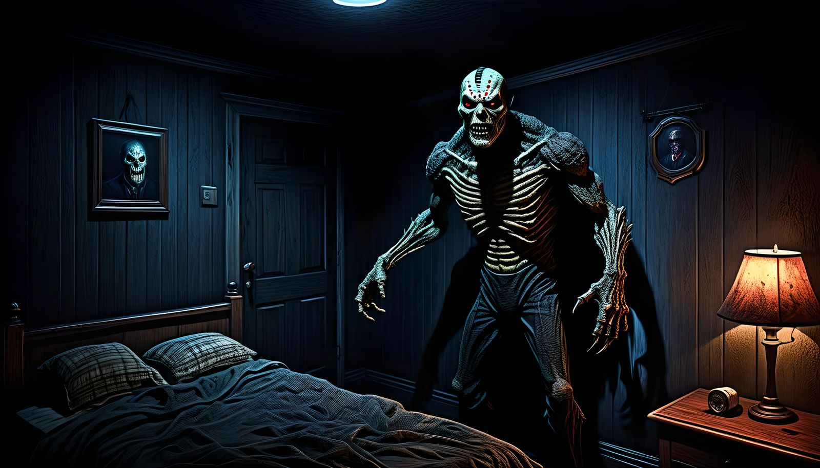 Scary Bogeyman in Dark Bedroom, Hyperrealistic 3D Render