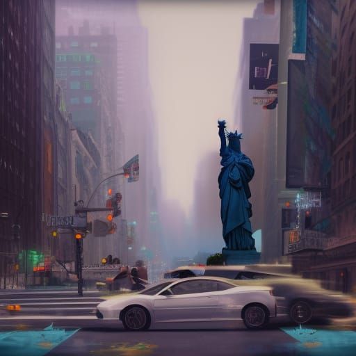 New York City Street Scene with Liberty Statue