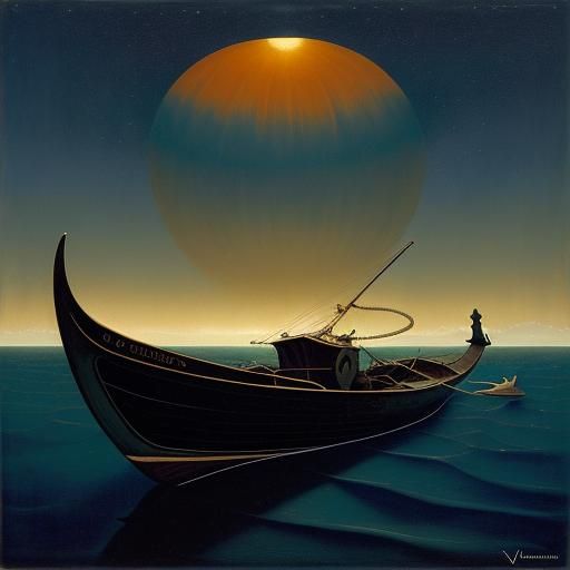 Surreal Boat Sails Among Stars: Oil Painting