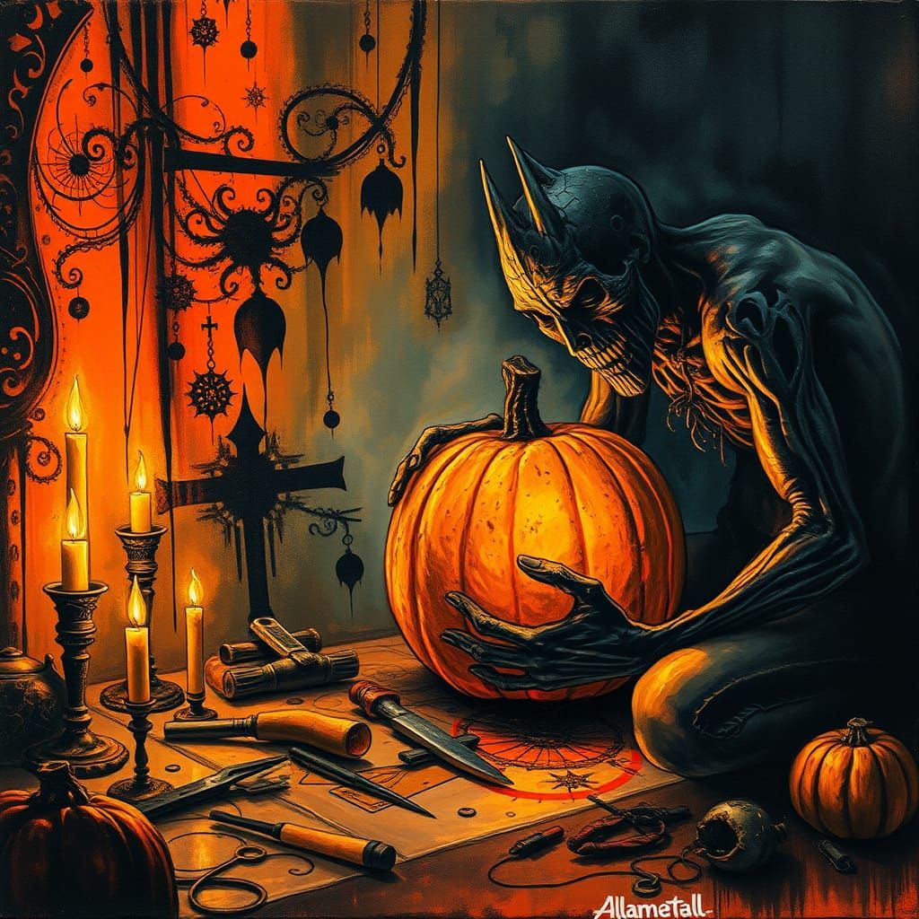 Eerie Pumpkin Carving: Macabre Watercolor Trompe L'oeil