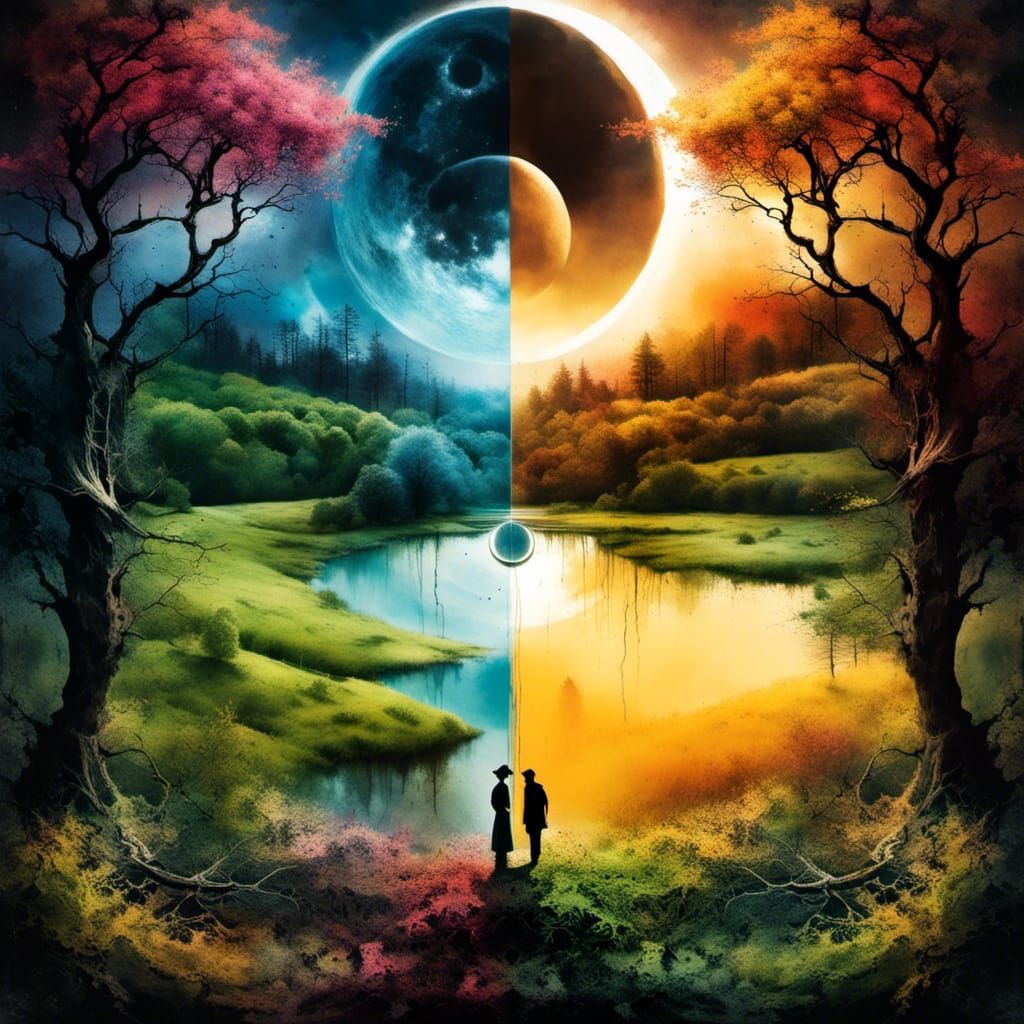Surreal Yin Yang Moon in Forest Village