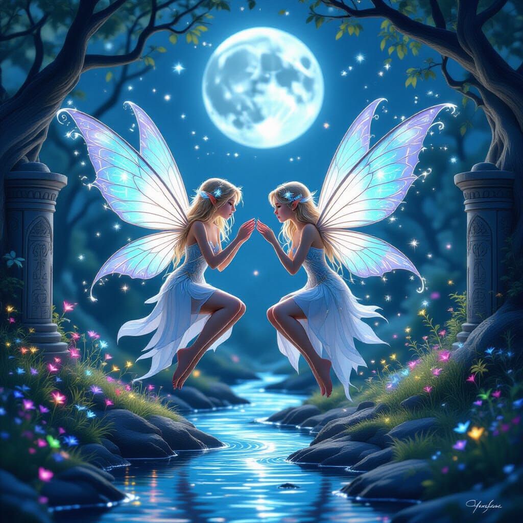 Ethereal Fairies by Sparkling Stream Under Silver Moon