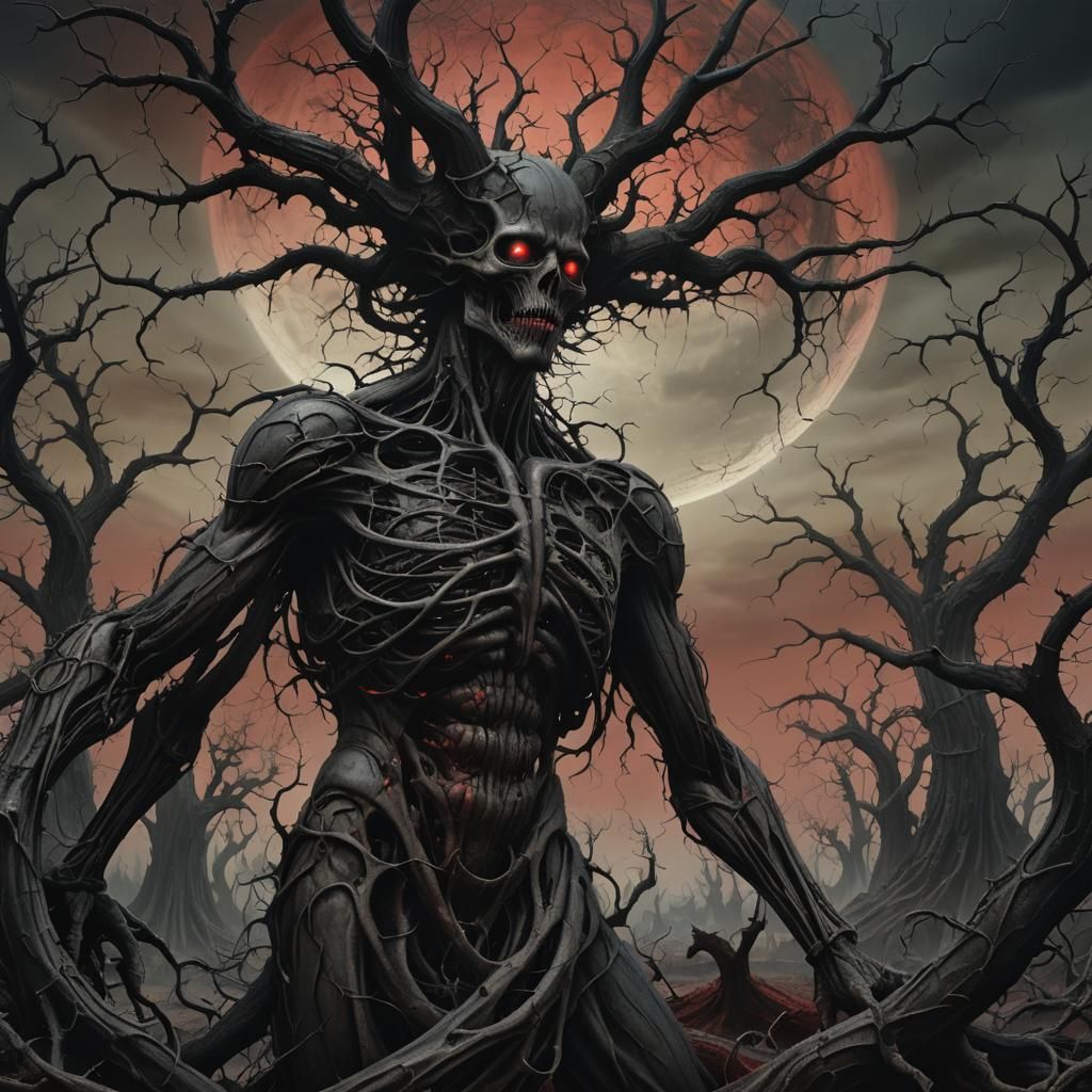 Distorted Surreal Figure in Dark Fantasy Landscape