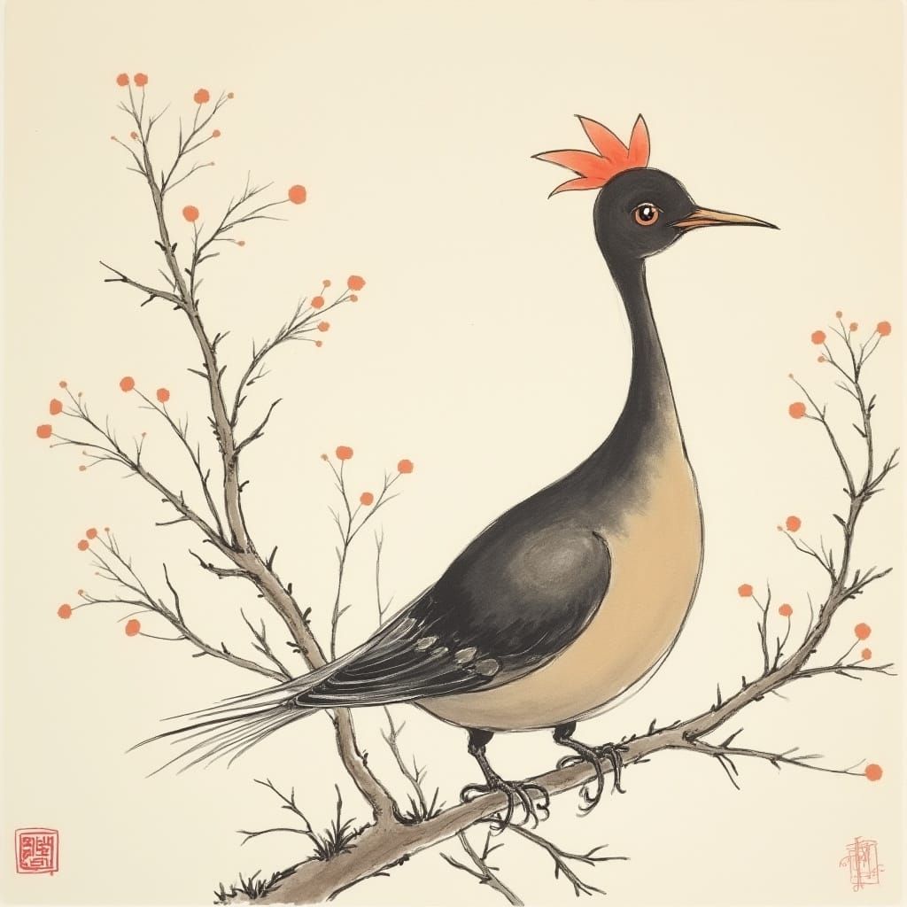 Traditional Chinese Ink Drawing with Bold Brushstrokes and E...