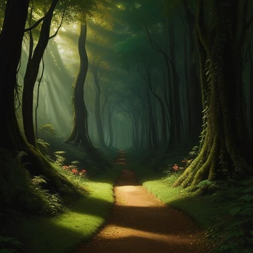 Forest Path with Hidden Portal in Surreal Style