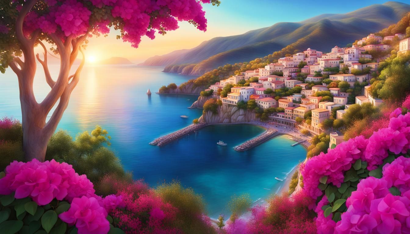 Amalfi Coast Sunset: Colorful Houses and Bougainvillea