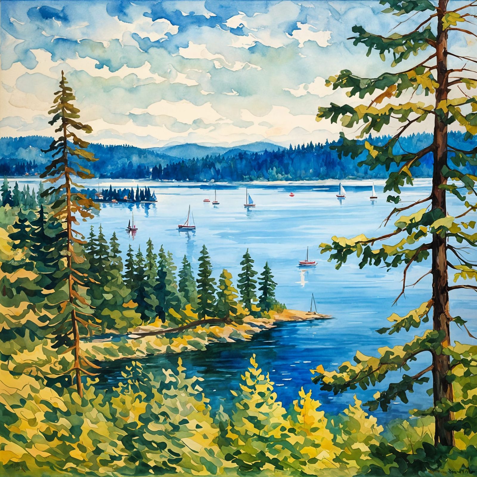 Lake Coeur d'Alene: Impressionist Gouache Summer Scene