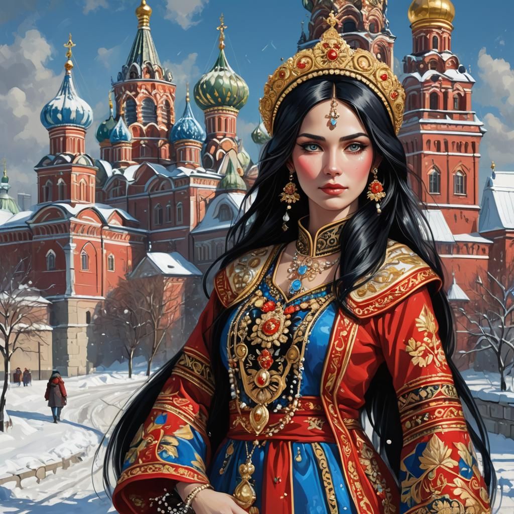 Regal Russian Woman with Kokoshnik in Graffiti Art
