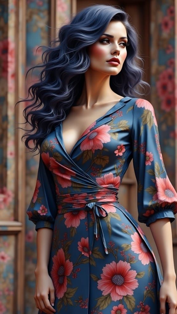 Glamorous Fantasy Woman in Elegant Floral Dress
