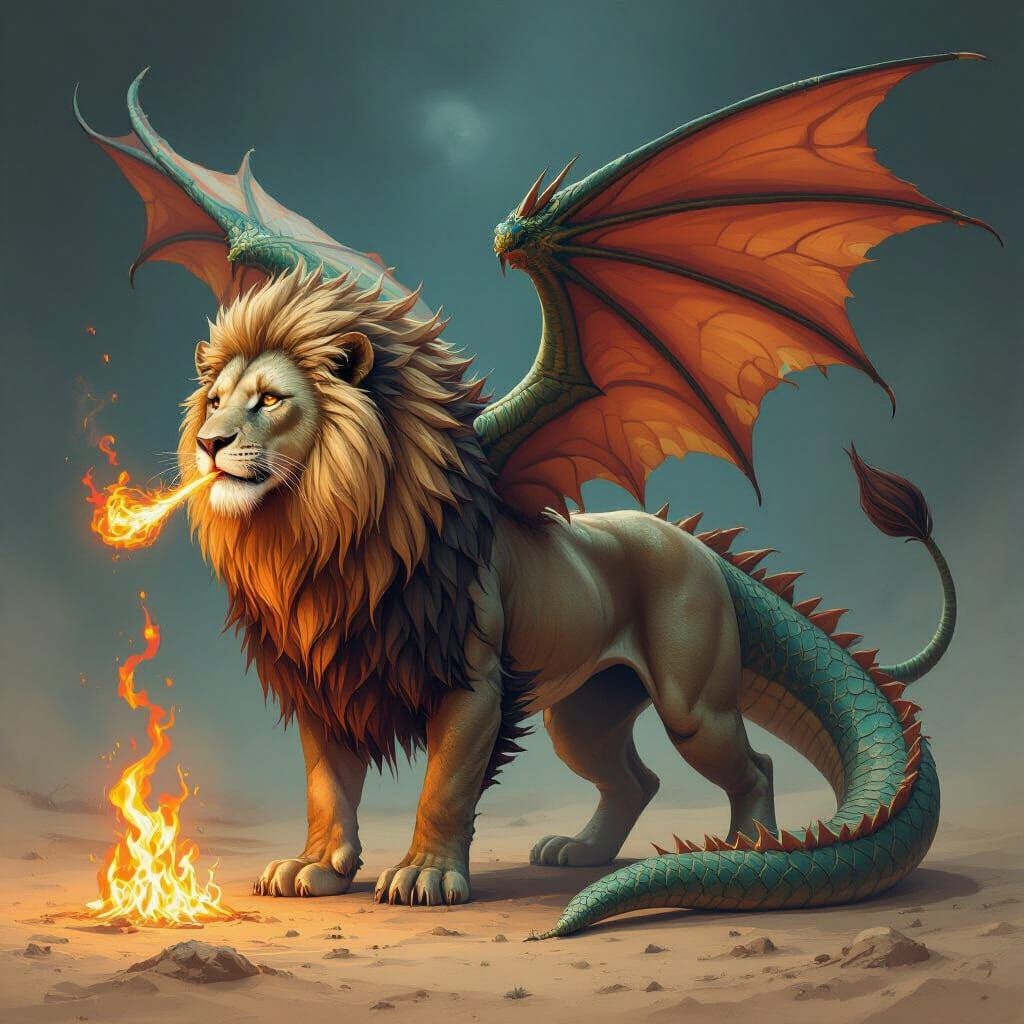 Fiery Lion-Dragon Hybrid in Dark Fantasy Style
