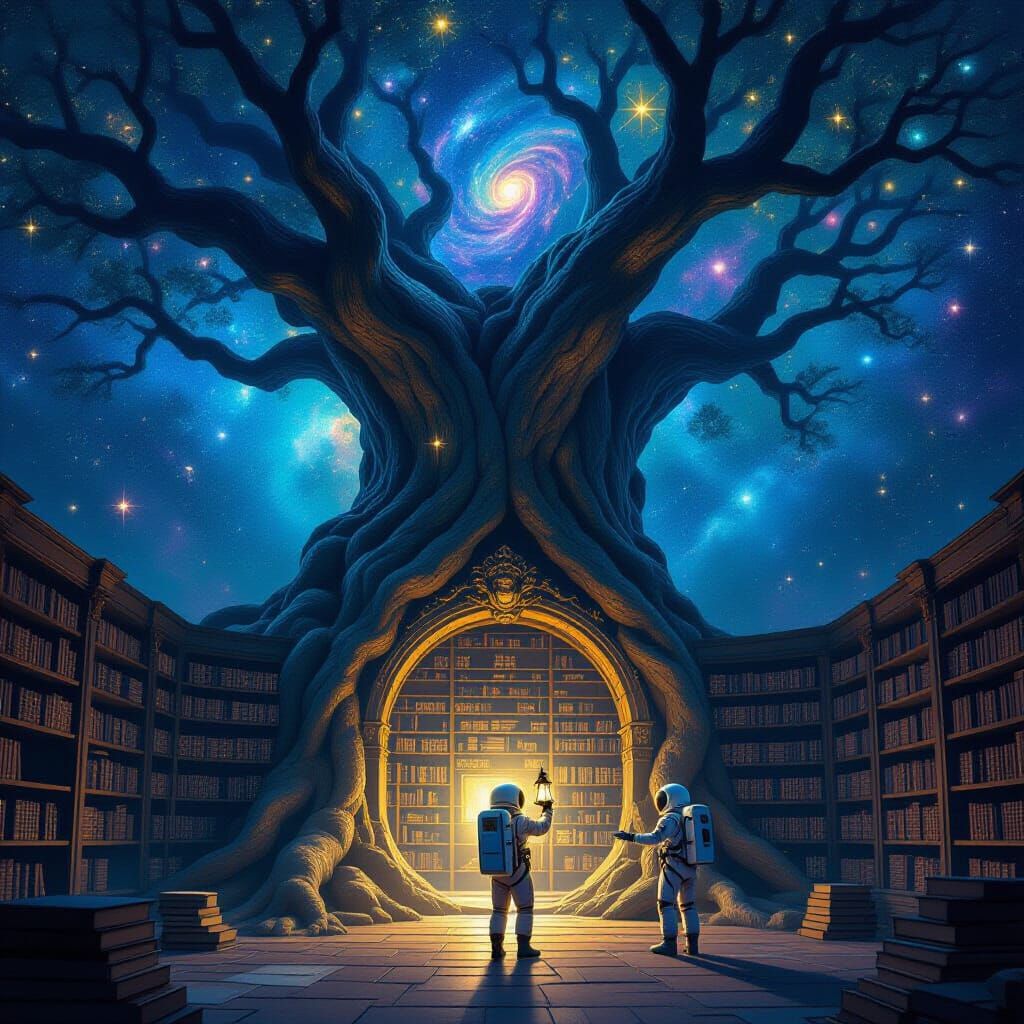 Cosmic Tree Library with Astronauts in Digital Painting Styl...