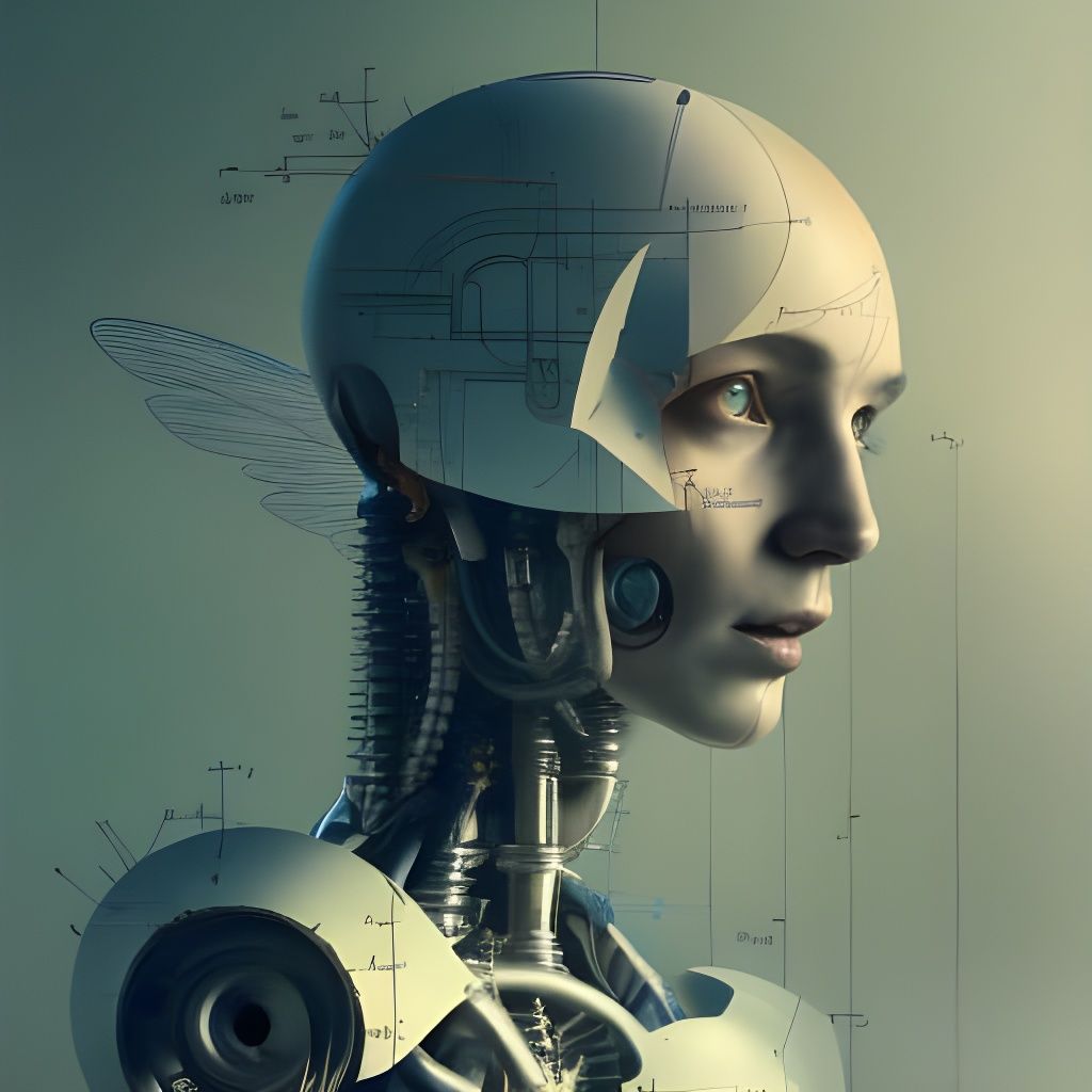 Cyborg Angel Schematic Diagram in Blueprint Style