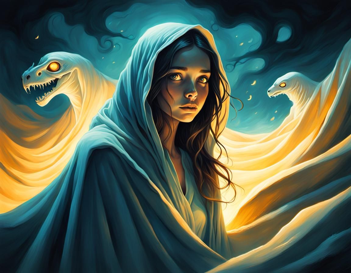 Surreal Girl and Ghost in Dreamlike Painting