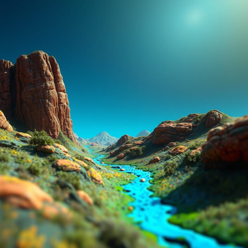 A landscape where ink splatters add texture and depth to the...