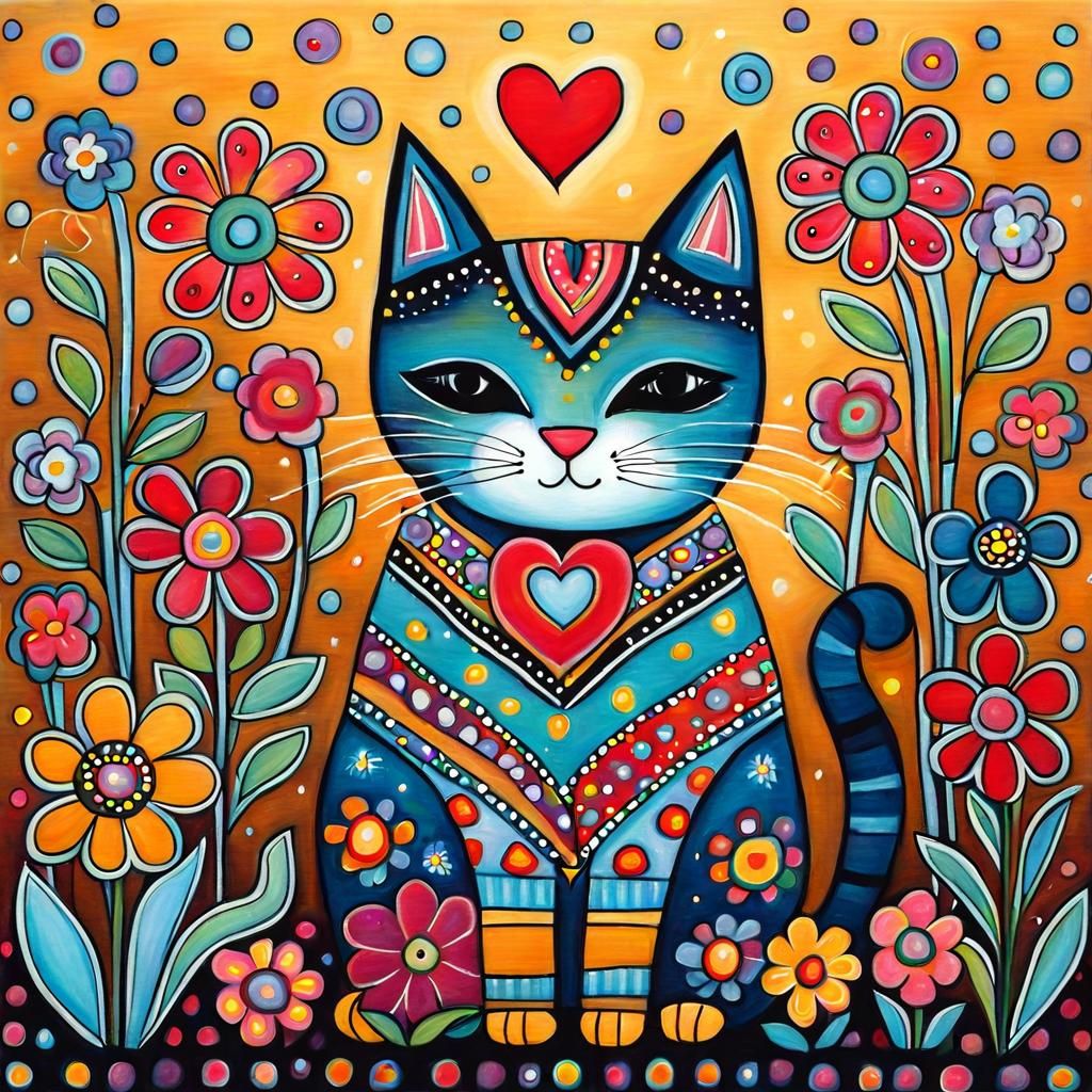 Whimsical Cat Surrounded by Flowers in Folk Art Style