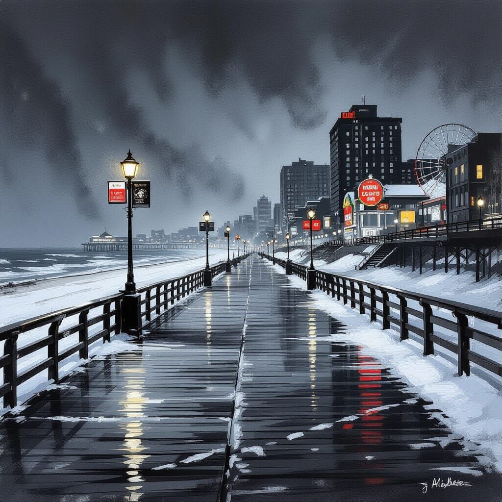 Moody Charcoal Winter Scene of Atlantic City Boardwalk