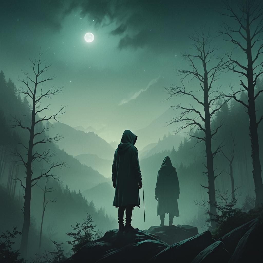 Hooded Figure Overlooks Misty Forest in Dark Digital Art