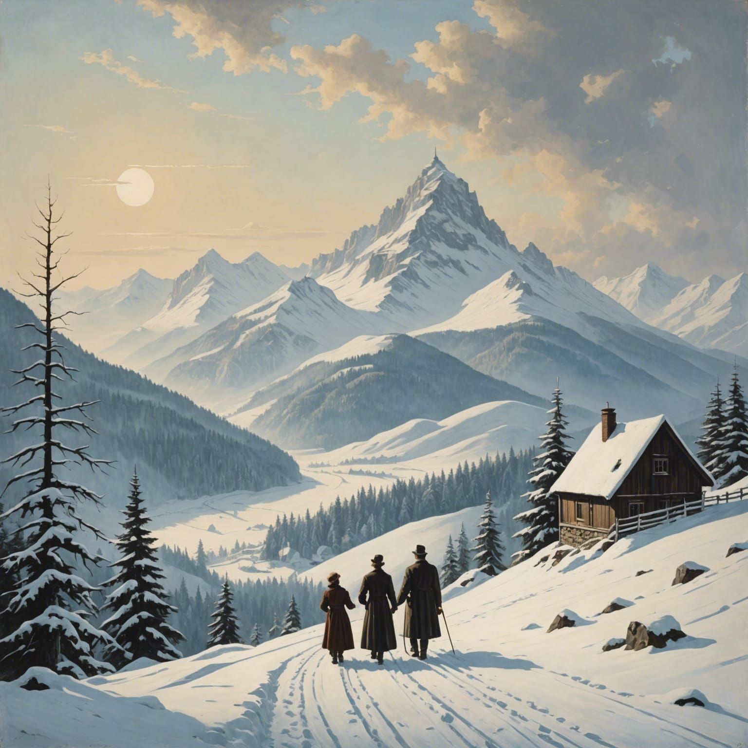1930s German Family in Snowy Mountain Scene
