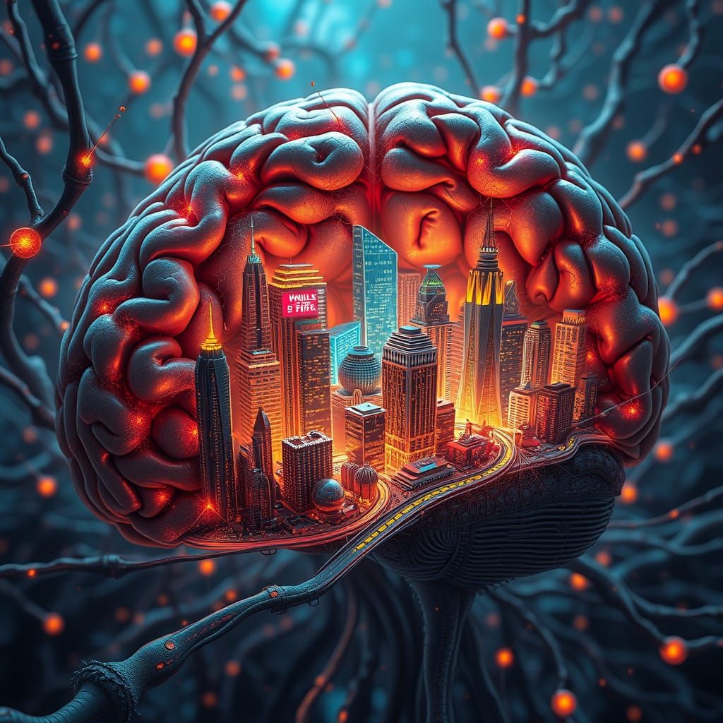 Microscopic Brain City with Neon Neurons and Synapses