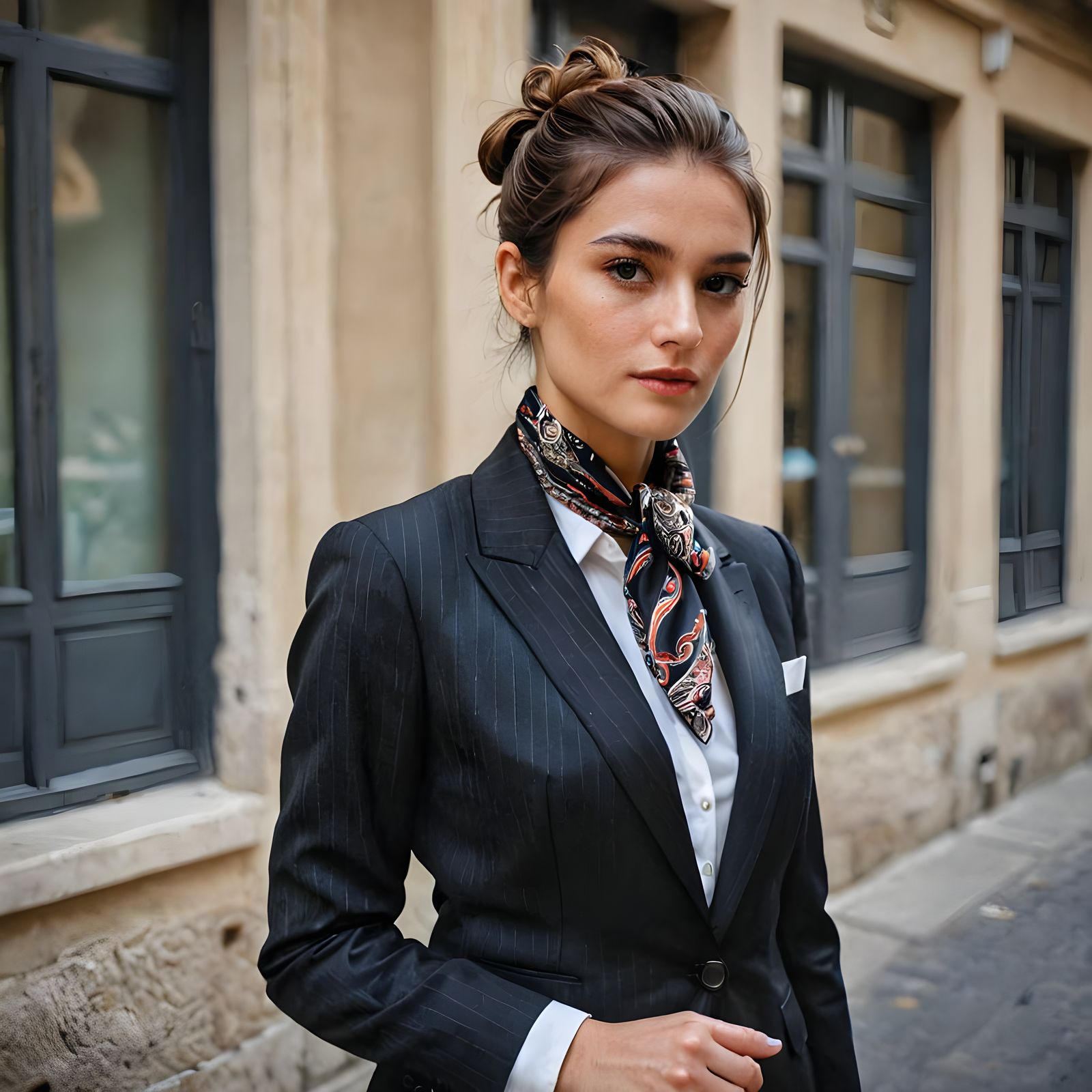 Elegant Italian Woman in Pinstripe Business Suit