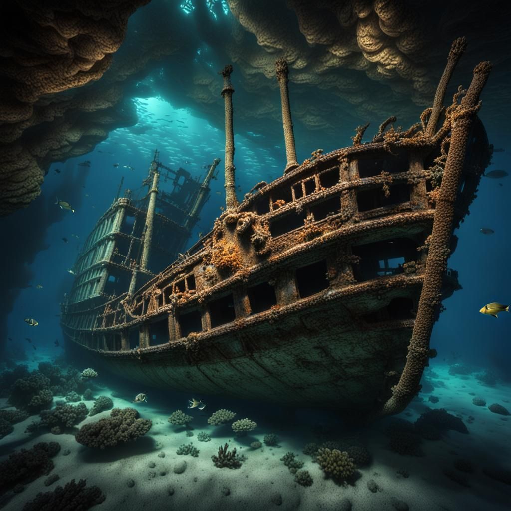 Underwater Shipwreck Scene with Luminescent Lighting