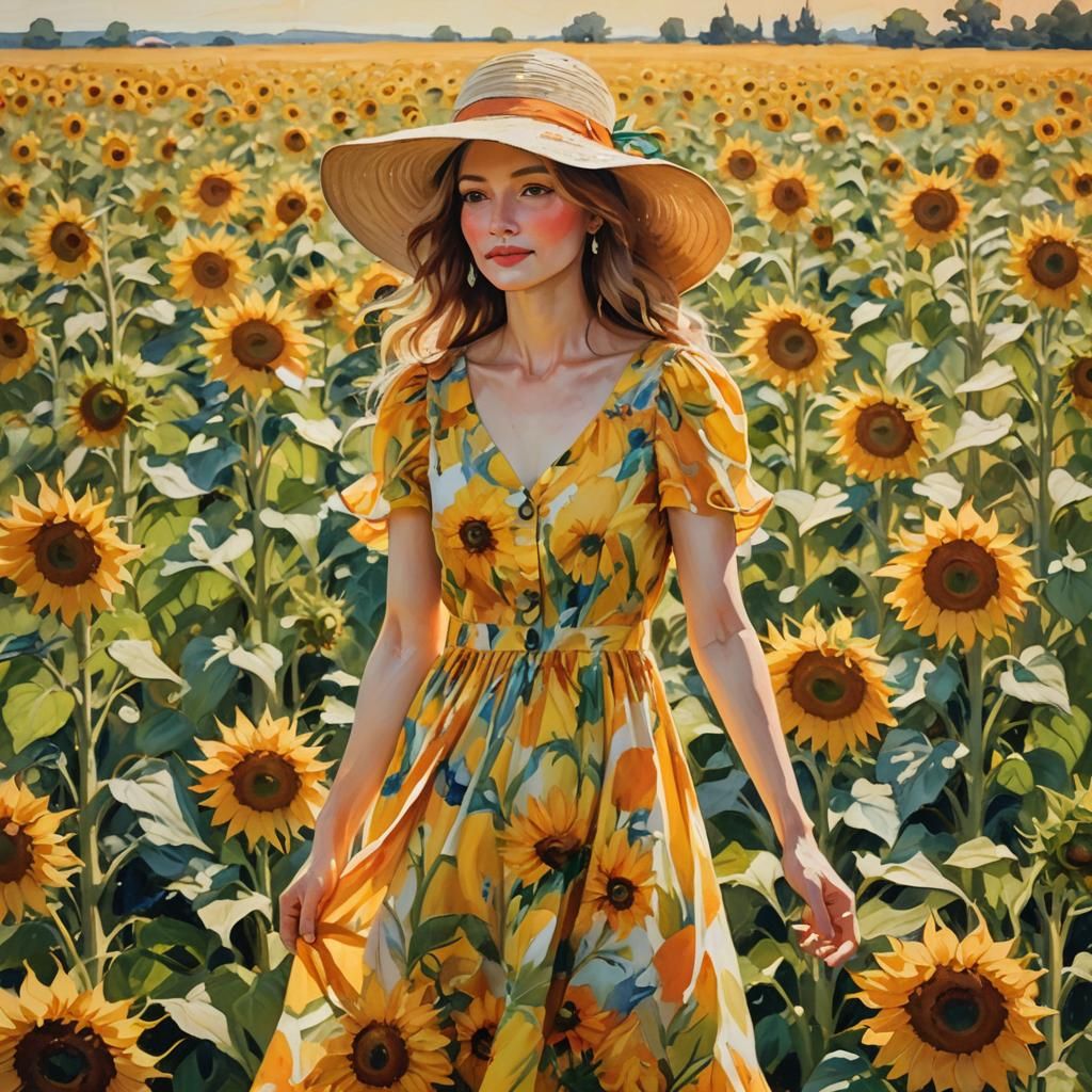 Woman in Sunflowers: Impressionist Summer Portrait