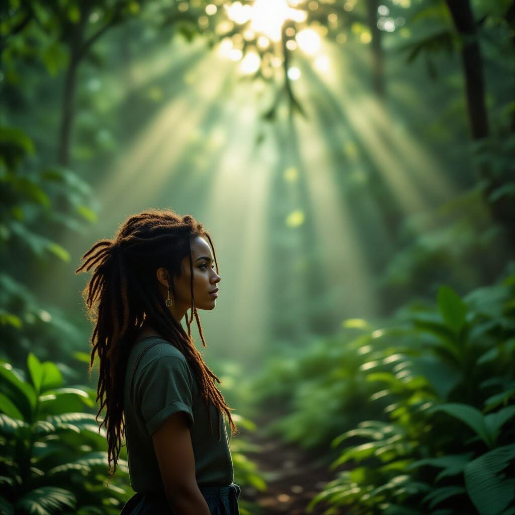 Vibrant Dreadlocks Woman at Misty Forest Edge