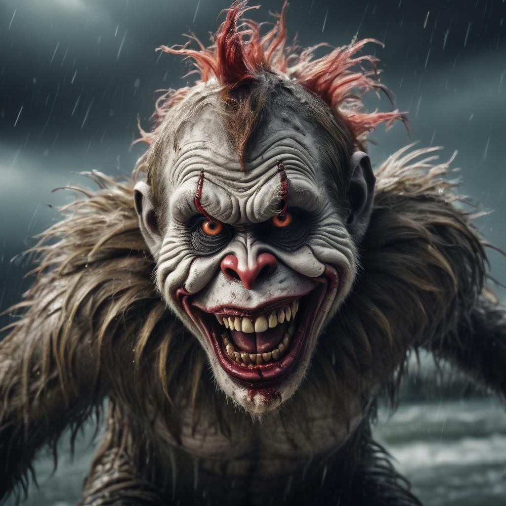 Hyperrealistic Zombie Monkey Clown in Hurricane