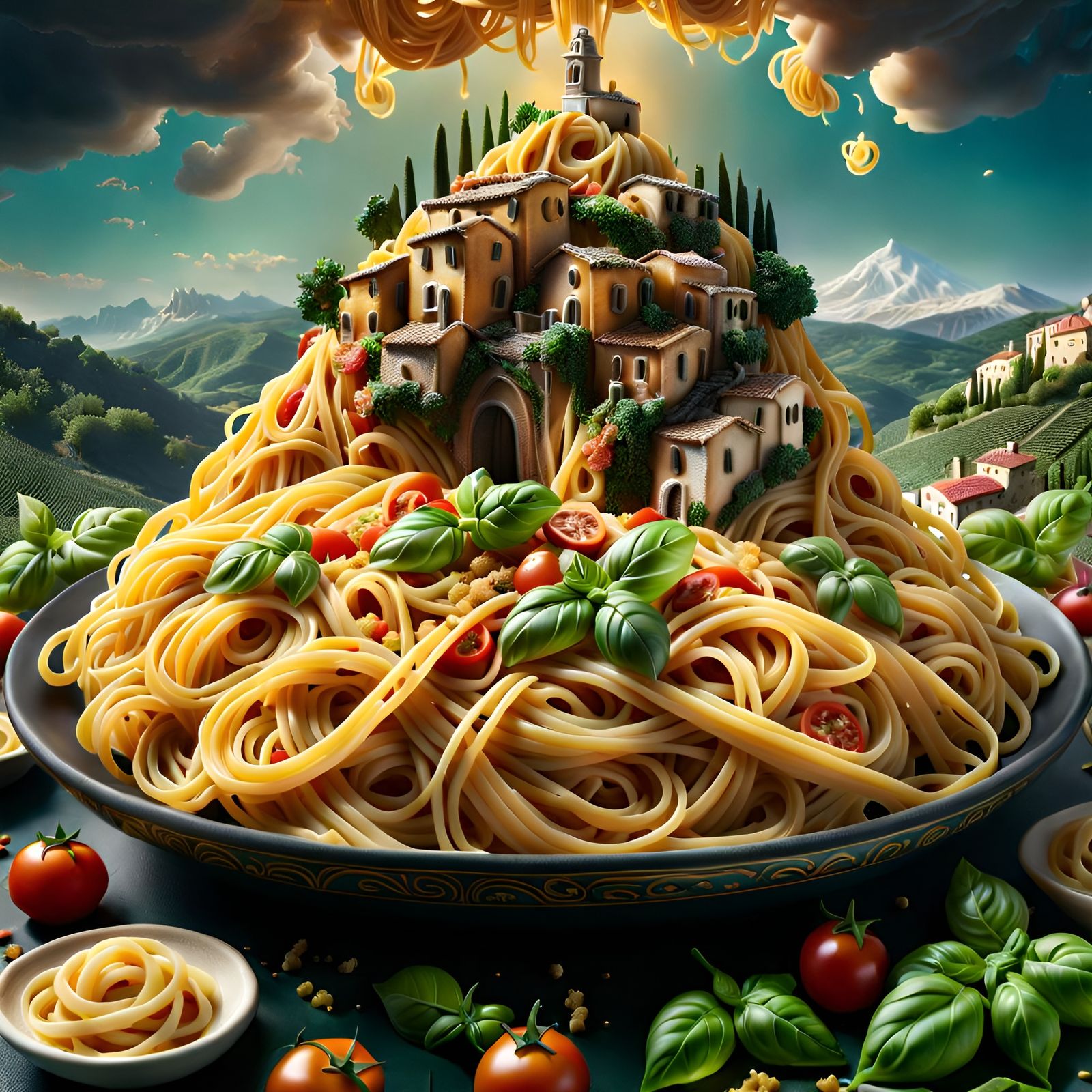 Delicious Pasta Mountain with Miniature Italian Village