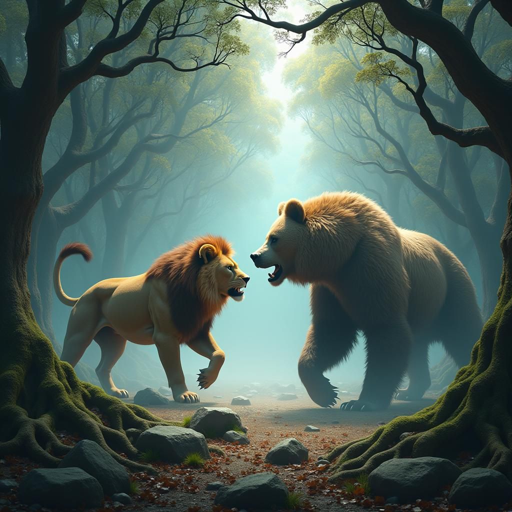 Lion and Bear Clash in Misty Arena