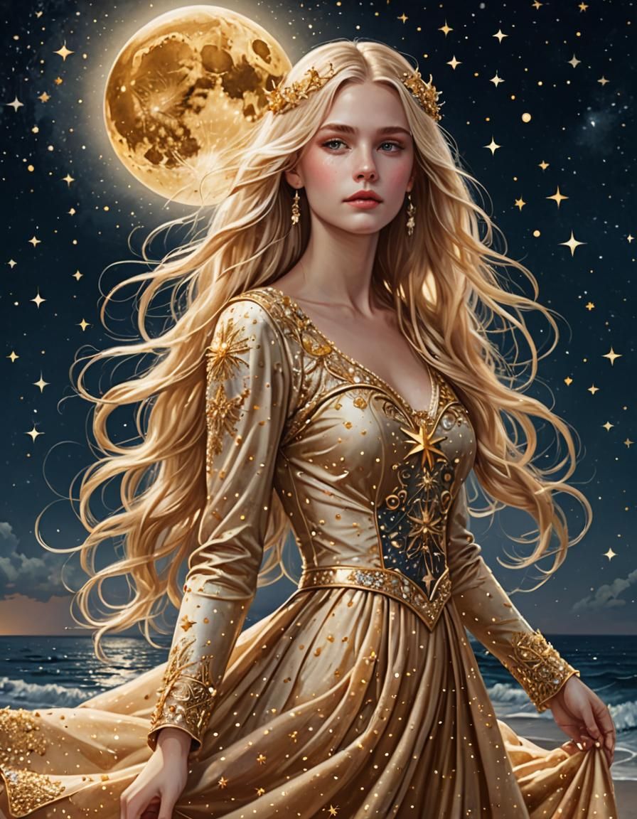 Moon Child with Star Dress Fantasy Seascape