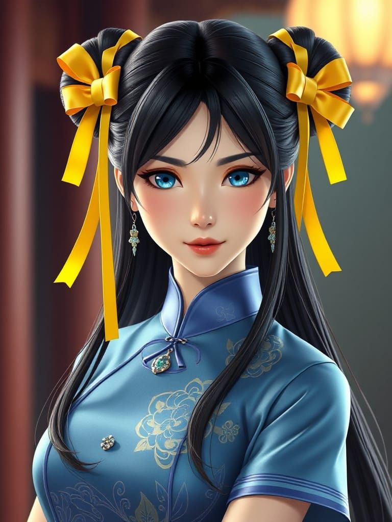 Elegant Anime Chinese Goddess in Vibrant Blue Dress with Jad...