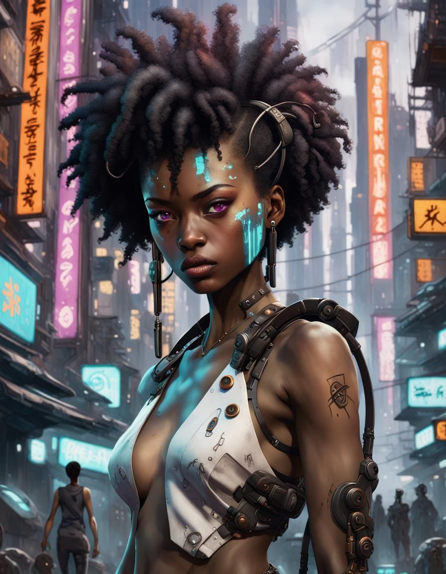 Cyberpunk Afro Samurai Portrait in Dystopian City