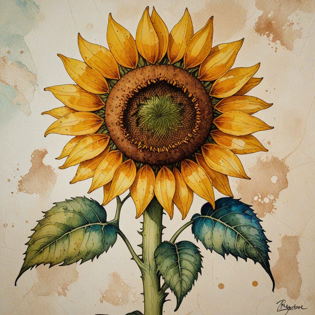 Sunflower, alcohol ink, faience cel-shaded retroism Canalett...