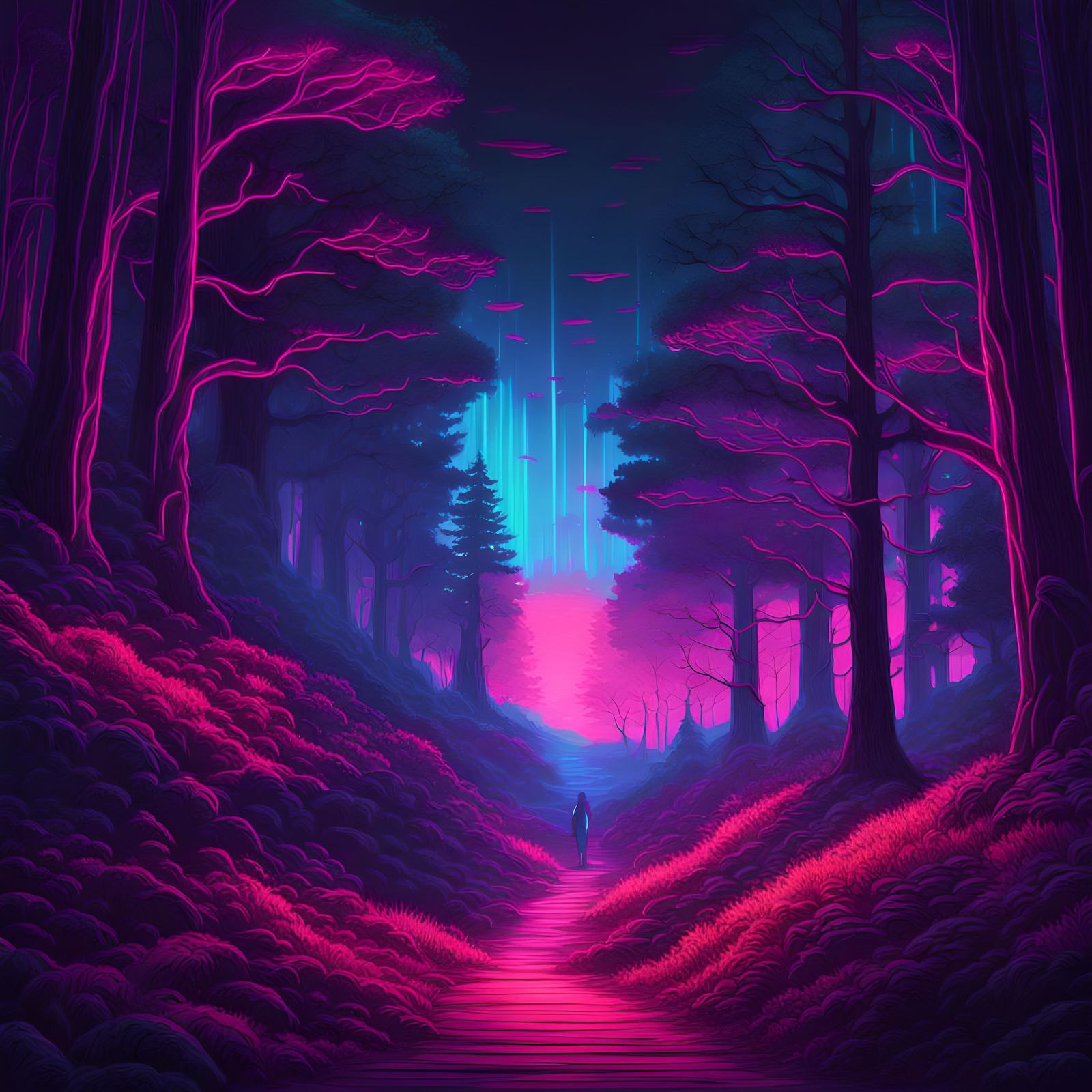 Neon Mother Nature in a Surreal Forest