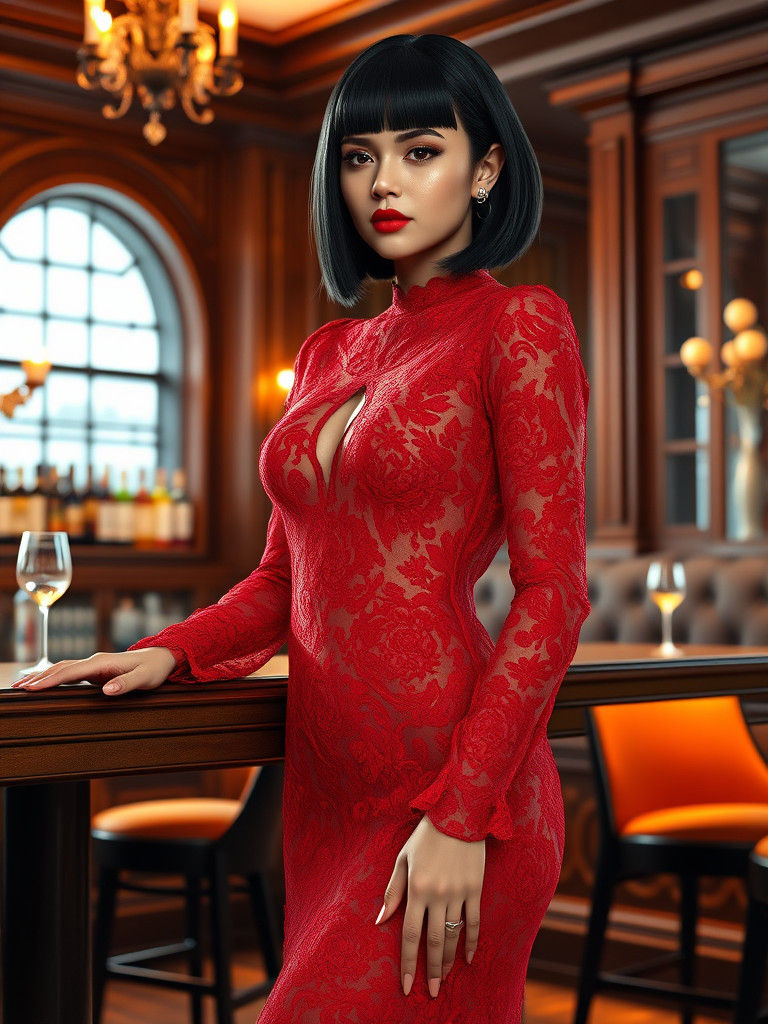 Elegant Woman in Red Lace Dress, Fantasy Concept Art