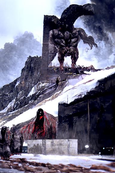 Gigantic Demon Looms Over Mountain Range in Gothic Art