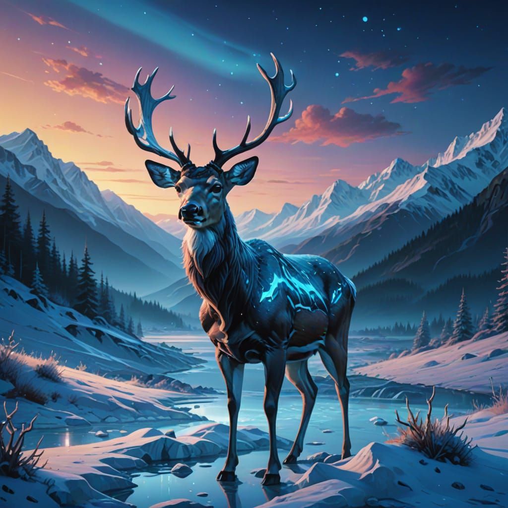 Luminous Deer Illuminates Surreal Icy Mountain Landscape