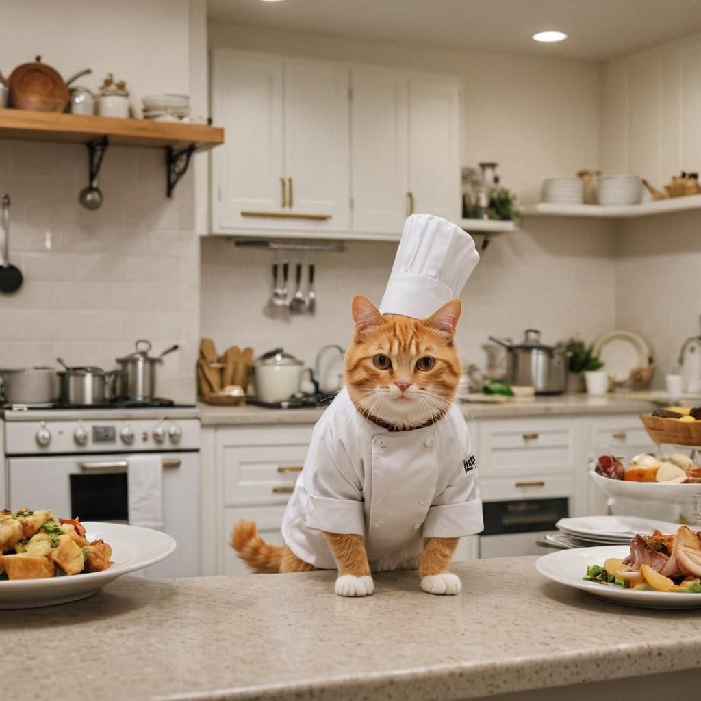 Ginger Cat Chef in Whimsical Hotel Kitchen