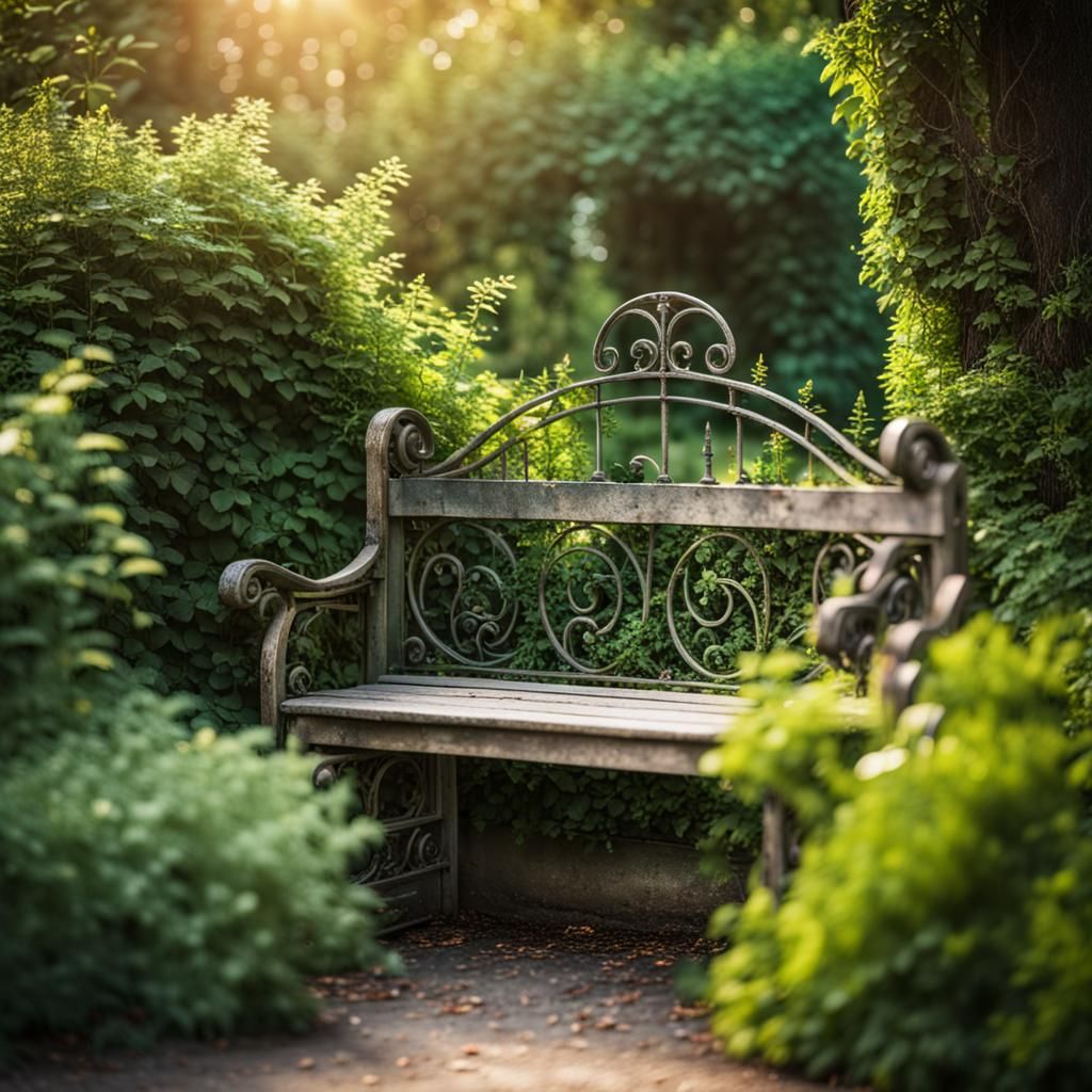Lush Secret Garden with Overgrown Bench