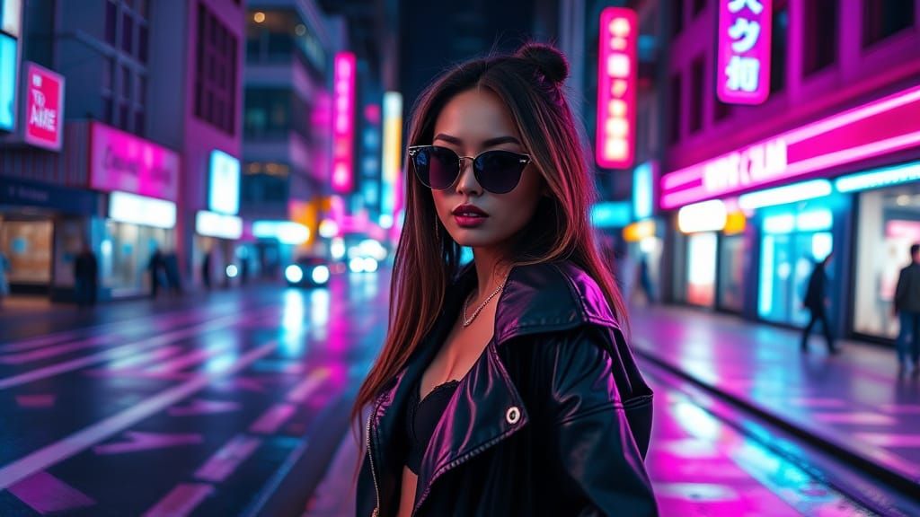 Moody Neon City Portrait with Reflections