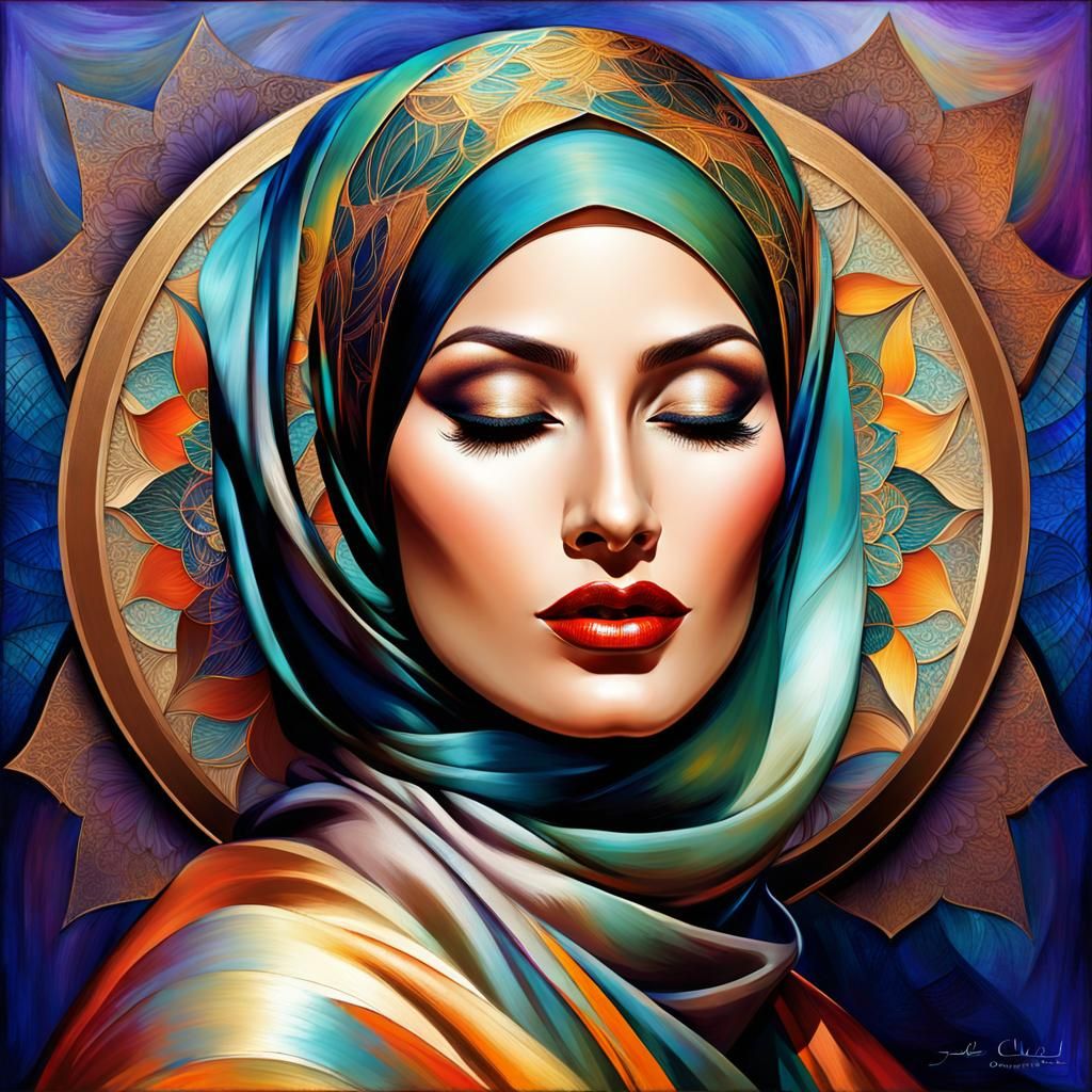 Confident Hijabi Woman in Retro Art Nouveau Style