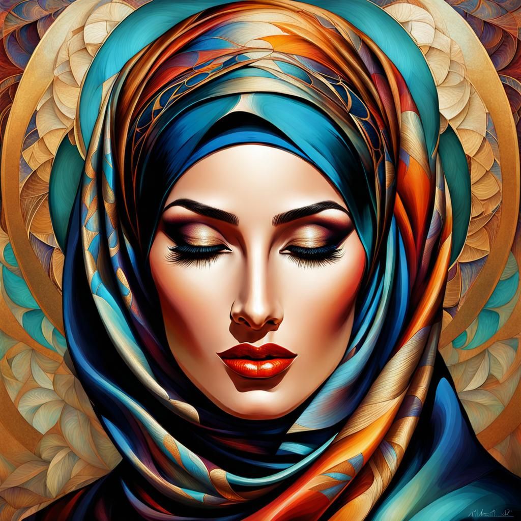 Confident Hijabi Woman in Art Nouveau Style