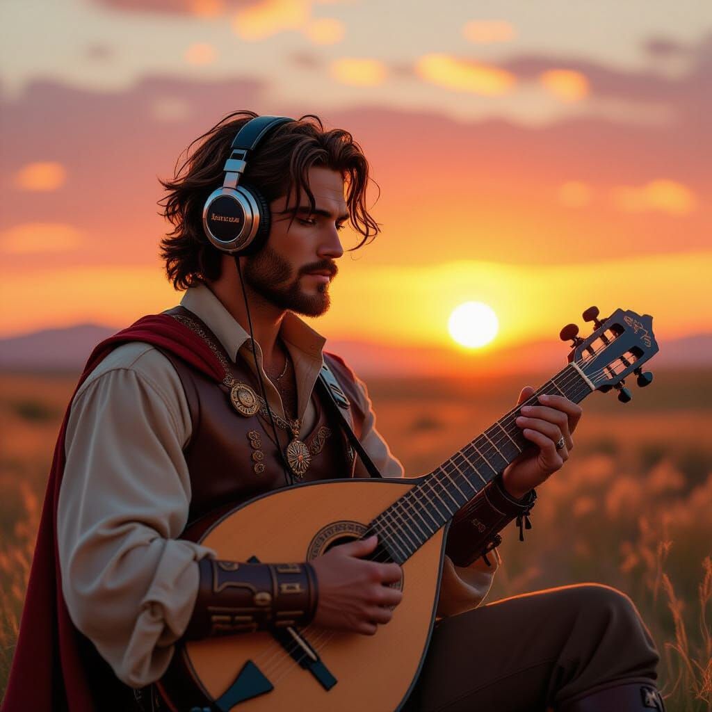 Bard With Headphones and Lute at Golden Hour