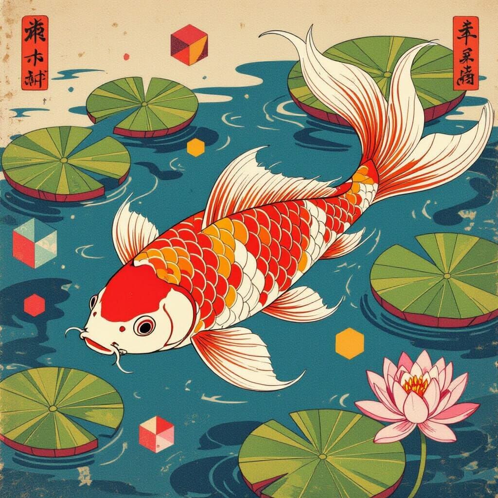 Vibrant Pop Art Koi Fish Amidst Surreal Lily Pads