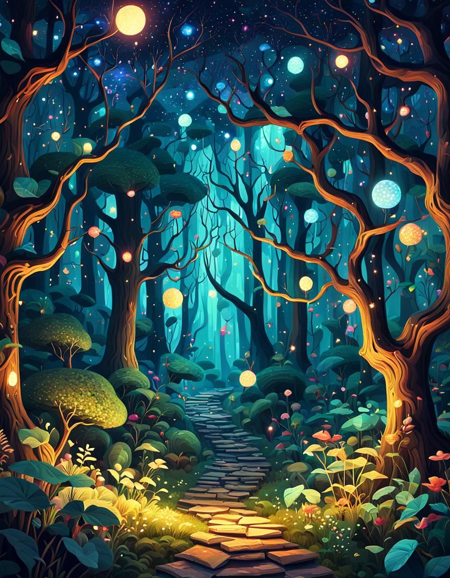 Magic Forest in Patchwork Cubist Style